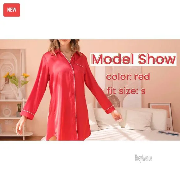 Satin Button Down Nightgown Long Sleeve Boyfriend Sleep Shirt S-3XL